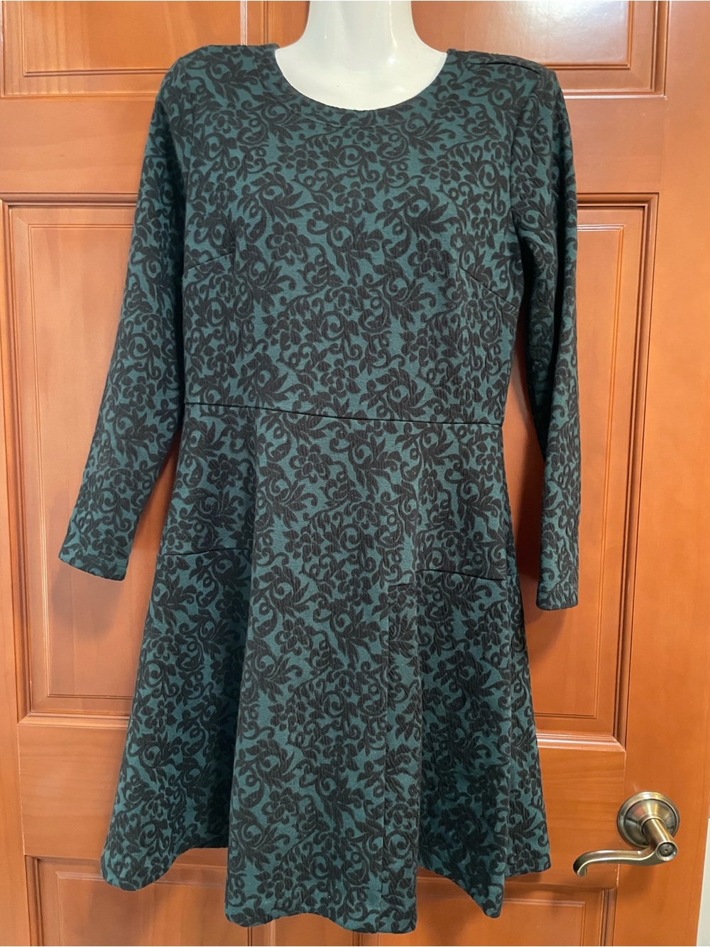 LOFT Teal and Black Long Sleeve Fit-and-Flare Dress